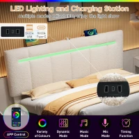 Double Upholstered Bed Frame with Hydraulic Storage and Charging Station, LED Headboard for Modern Homes, 193L x 144W x 116H cm, Beige(m-6)