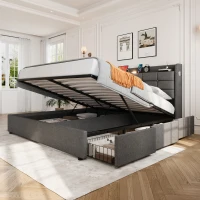 King Bed Frame with Hydraulic Storage and LED Night Light, Linen Upholstered Bed Ideal for Modern Elegance, 202L x 153W x 113H cm, Grey(m-8)