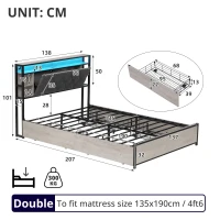 Double Bed Frame with Drawers and RGB LED Lighting, Headboard with Type-C and USB Ports, 207L x 138W x 101H cm, Grey+Rustic Brown(m-3)