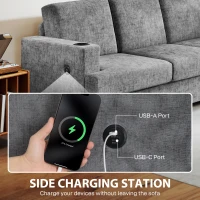 HOMCOM 3 Seater Sofa with USB Ports & Cup Holders - Grey(m-4)