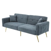 Convertible Sofa Bed with Adjustable Backrest, Sherpa Fabric and Gold Legs, Sleeper Sofa for Compact Rooms, 176L x 64W x 75H cm, Blue(m-9)