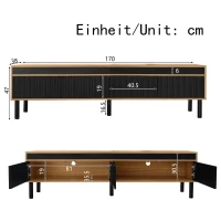 Elegant TV Cabinet with 4 Doors, Striped Design and Wooden Legs, Media Cabinet for Modern Homes, 170L x 38W x 47H cm, Black+Natural(m-3)