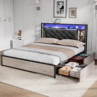Double Bed Frame with Drawers and RGB LED Lighting, Headboard with Type-C and USB Ports, 207L x 138W x 101H cm, Grey+Rustic Brown(m-8)