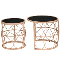 Outsunny 2er-Set Gartentische Outdoor-Beistelltische, Boho-Stil, Indoor. Outdoor, 55 cm x 55 cm x 51 cm, Schwarz + Natur(m-10)