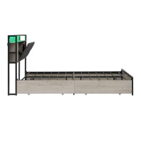 Double Bed Frame with Drawers and RGB LED Lighting, Headboard with Type-C and USB Ports, 207L x 138W x 101H cm, Grey+Rustic Brown(m-13)