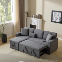 L-Shaped Corner Sofa Bed with Extendable Bed Box, Oxford Fabric Daybed with Integrated Shelf and USB Port, 214L x 131W x 87H cm, Dark Gray