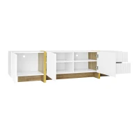 Elegant TV Cabinet with Large Storage, Soft-Close Hinges and Elegant Design, TV Stand for Living and Media Room, 190L x 35W x 45H cm, Gold+White(m-11)