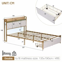 Double Bed Frame with Storage Drawers, RGB LED Headboard, Modern Bed Base for Living Rooms, 207L x 138W x 100H cm, Beige+Chrome(m-3)