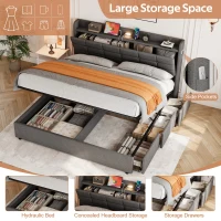 King Bed Frame with Hydraulic Storage and LED Night Light, Linen Upholstered Bed Ideal for Modern Elegance, 202L x 153W x 113H cm, Grey(m-5)