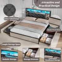 Double Bed Frame with Drawers and RGB LED Lighting, Headboard with Type-C and USB Ports, 207L x 138W x 101H cm, Grey+Rustic Brown(m-4)