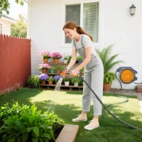 Outsunny Avvolgitubo da giardino con supporto a parete e manico rotante a 180°, 30+2 m, 59 x 23 x 42 cm, Grigio(m-4)