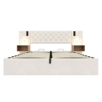 King Bed Frame with Charging Station and Reading Light, Upholstered Bed with Button Tufted Headboard, 207L x 237W x 108H cm, Beige(m-11)