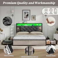 Double Bed Frame with Drawers and RGB LED Lighting, Headboard with Type-C and USB Ports, 207L x 138W x 101H cm, Grey+Rustic Brown(m-5)