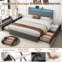 Double Upholstered Bed with Storage Drawers, Adjustable Button Tufted Design, Headboard for Modern Elegance, 200L x 142W x 109H cm, Grey(m-4)