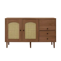 Country-Style Sideboard with Rattan Doors and Adjustable Shelves, Cabinet Ideal for Living Room and Hallway, 130L x 40W x 75.5H cm, Natural(m-2)