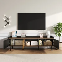 3 Doors TV Cabinet with Raised Edge and Wooden Legs, Media Cabinet for Modern Homes with Children, 160L x 39W x 49.5H cm, Black(m-5)