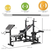 HOMCOM Weight Bench with Adjustable Barbell Rack, Leg Extension, Preacher Curl Pad and 20kg Barbell Set(m-3)