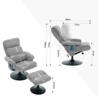 Fotoliu de relaxare cu funcție de înclinare și masaj în 5 puncte, fotoliu TV cu funcție de încălzire electrică și taburet, rotativ 360°, material chenille, 75,5x77x100 cm, Gri(m-3)