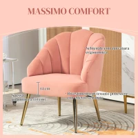 HOMCOM Poltrona in Velluto da Camera e Salotto a Conchiglia Stile Art Deco, Acciaio, 63x65x84 cm, Rosa(m-4)