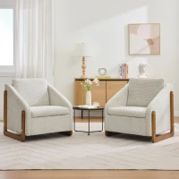 Fauteuil au style moderne pour salon, avec accoudoirs en bois et coussin de dossier, tissu chenille, 73,5x73,5x73,5 cm, Beige(m-5)