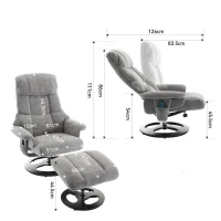 Poltrona relax girevole con funzione massaggiante e riscaldante, schienale e poggiapiedi regolabili, in chenille, 81x83.5x111 cm, Grigio(m-3)