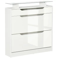 HOMCOM Scarpiera Moderna con 2 Cassetti per 16 Scarpe, Scarpiera a Ribalta con Mensola Regolabile e Ripiano in Vetro, 89x23x96cm, Bianco Lucido(m-11)