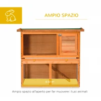 PawHut Gabbia per Conigli a Due Piani, Conigliera da Esterno con Casetta per Conigli in Legno di Abete, 90x45x80 cm(m-4)
