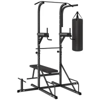 HOMCOM Kraftstation mit Klimmzugstange, Multifunktionale Dip-Station, Trainings-Gerät für Zuhause, mit Boxsack, Fitness, Stahl, Schwarz, 180 x 183 x 219 cm(m-1)