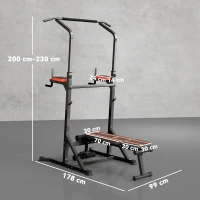 HOMCOM Power Tower Pieghevole, Stazione Fitness Multifunzione Regolabile in 7 Posizioni con Sbarra Trazioni, Dip Station, Pull UP Station e Panca Piana in Acciaio, per Home Gym Casa, Portata 150kg(m-3)