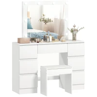 HOMCOM Toilettentisch mit Hollywood-Spiegel, 8 LED-Lichtern, 7 Schubladen und gepolstertem Hocker, Weiß(m-6)