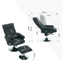 Poltrona relax, reclinabile e massaggiante a 5 punti, con funzione di riscaldamento elettrico e poggiapiedi, girevole a 360°, in tessuto PU, 75x76x103 cm, Nero(m-3)