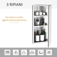 HOMCOM Armadietto Angolare Bagno in Acciaio Anta a Specchio Chiusura Magnetica 3 Ripiani Salvaspazio 60x30x18.4cm(m-7)