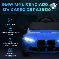 AIYAPLAY Carro Elétrico para Crianças BMW M4 12V com Controlo Remoto Faróis Buzina Música e Velocidade 3-5 km/h 108x69,5x51 cm Azul(m-4)