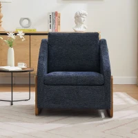 Fauteuil au style moderne pour salon, avec accoudoirs en bois et coussin de dossier, tissu chenille, 73,5x73,5x73,5 cm, Bleu(m-1)