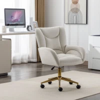 Silla Giratoria Ajustable en Altura en Tela de Terciopelo con Patas Doradas Diseño Ergonómico para Oficina y Dormitorio 62x64x88-97 cm Marfil(m-5)