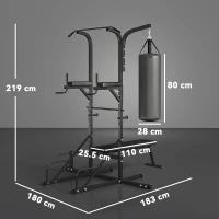HOMCOM Krachtstation met optrekstang, multifunctioneel dipstation, trainingsapparaat voor thuis, met bokszak, fitness, staal, zwart, 180 x 183 x 219 cm(m-3)