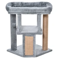 PawHut Kratzbaum 57 cm Kleiner Katzenbaum mit Katzenhöhle, Liegeplattform, Katzenkratzbaum mit Kratzbrett, Spielball, Katzenmöbel für Katzen bis 5 kg Hellgrau(m-10)