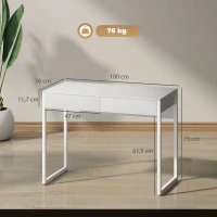 HOMCOM Escritorio con 2 cajones, mesa de ordenador 100 x 50 cm, escritorio moderno con patas de acero, para espacios pequeños, blanco brillante(m-3)