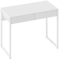 HOMCOM Schreibtisch mit 2 Schubladen, Computertisch 100 x 50 cm, moderner Schreibtisch mit Stahlbeinen, für kleine Räume, glänzendes Weiß(m-1)