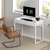 HOMCOM Schreibtisch mit 2 Schubladen, Computertisch 100 x 50 cm, moderner Schreibtisch mit Stahlbeinen, für kleine Räume, glänzendes Weiß(m-5)