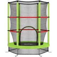 HOMCOM Saltea Elastică pentru Copii 3-6 Ani cu Plasă de Protecție, 6 Stâlpi și 3 Intrări, Ø140x190 cm, Verde(m-1)