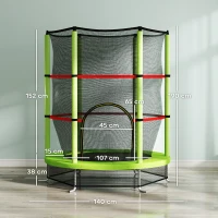 HOMCOM Saltea Elastică pentru Copii 3-6 Ani cu Plasă de Protecție, 6 Stâlpi și 3 Intrări, Ø140x190 cm, Verde(m-3)