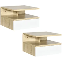 HOMCOM Set de 2 Noptiere Suspendate cu Sertar și Poliță Superioară, Noptiere Moderne din Lemn, 35x32x22.5 cm, Lemn Natural(m-11)