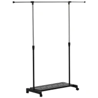 HOMCOM Stender Appendiabiti Estensibile con Ruote, Asta in Acciaio Inox e Ripiano per Scarpe 159x42x168 cm Nero e Argento(m-1)