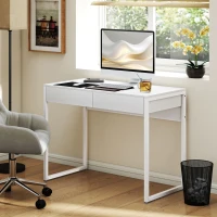 HOMCOM Schreibtisch mit 2 Schubladen, Computertisch 100 x 50 cm, moderner Schreibtisch mit Stahlbeinen, für kleine Räume, glänzendes Weiß(m-4)