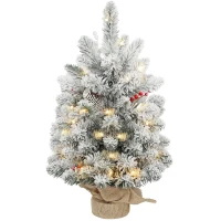 HOMCOM Mini Árvore de Natal Artificial com 35 Luzes LED 60 cm com 72 Ramos com Neve Pinhas Bagas e Base de Saco de Juta Ø37x60 cm Verde(m-6)
