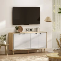 HOMCOM Modernes Sideboard mit 4 Türen und verstellbarem Regal, 141x35x77 cm, Hochglanzweiß und Eiche(m-4)