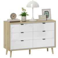 HOMCOM Kommode mit 6 Schubladen aus Holz für Schlafzimmer, 110x40x75 cm, Glänzendes Weiß und Eiche(m-7)