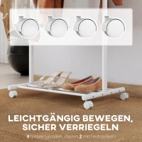 HOMCOM Kledingrek op wielen, mobiele garderobe met kledingstang, 5 haken, schoenenrek wit(m-5)
