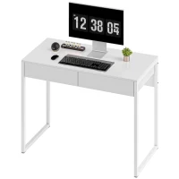 HOMCOM Schreibtisch mit 2 Schubladen, Computertisch 100 x 50 cm, moderner Schreibtisch mit Stahlbeinen, für kleine Räume, glänzendes Weiß(m-6)